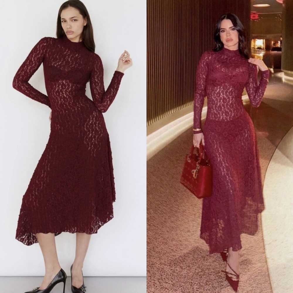 Zara Burgundy Maroon Bordeaux Lace Midi dress size Medium NWOT Bloggers Fave
